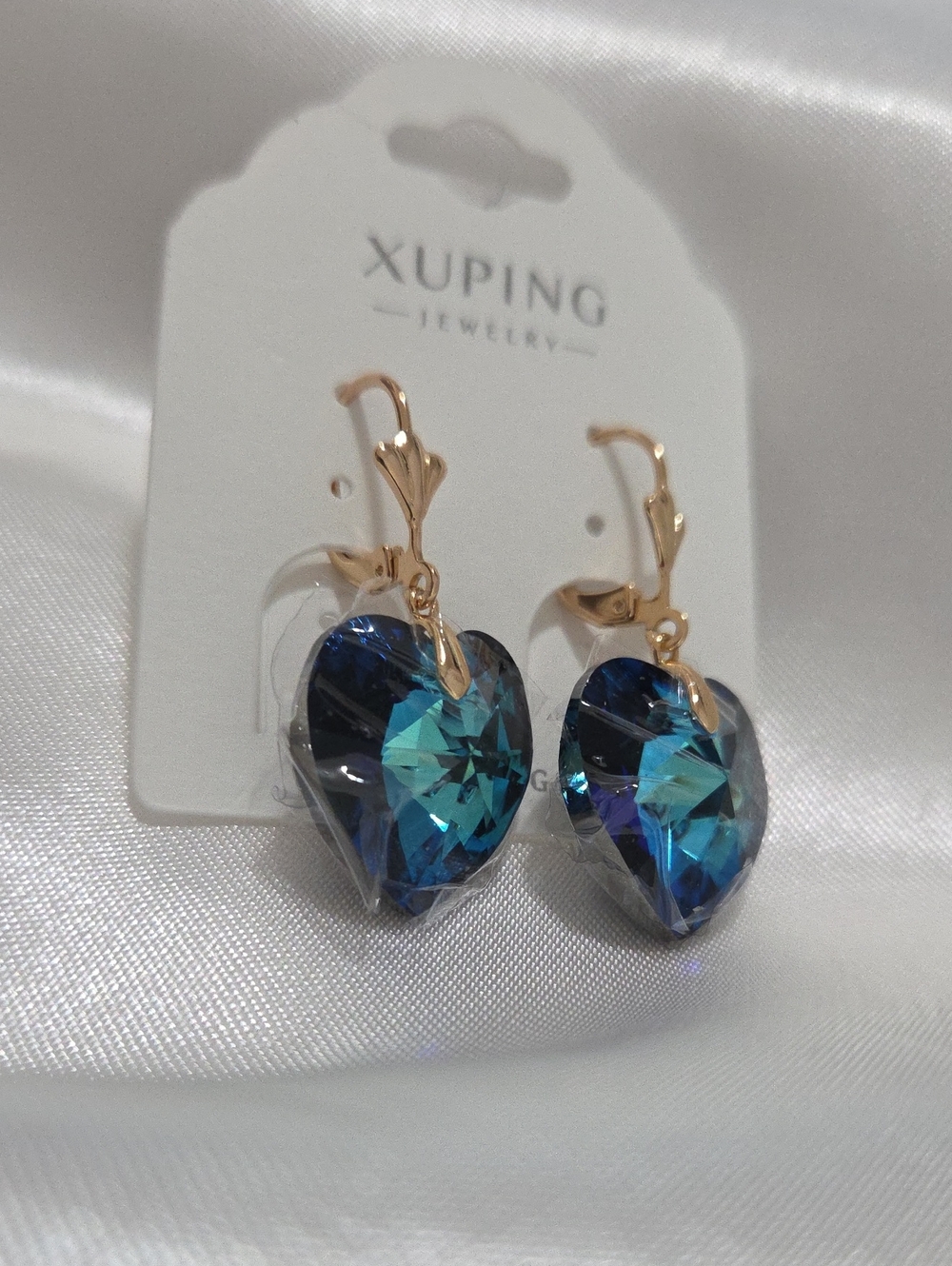 14K Laminated Ping Heart-Shaped Blue Crystal Drop Earrings with Gold Tone Hooks